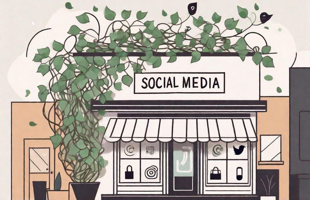 A small business storefront being enveloped by various social media icons like a growing vine