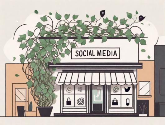 A small business storefront being enveloped by various social media icons like a growing vine