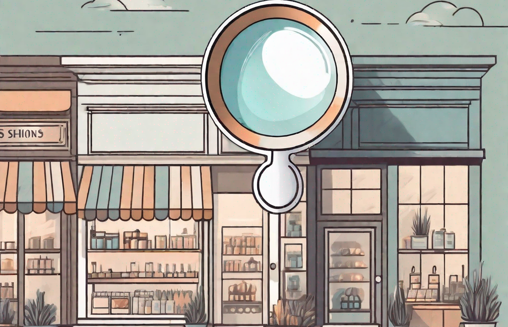 A small shop with a large magnifying glass hovering over it