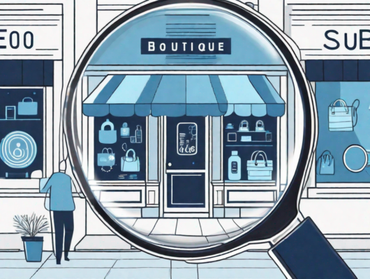 A magnifying glass focusing on a boutique store facade with digital marketing elements like social media icons